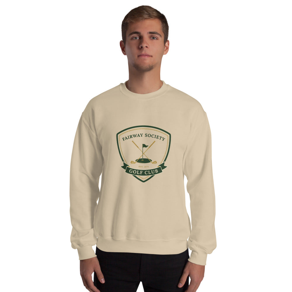 Fairway Society vintage golf club crest crewneck sweatshirt — Sand, on model