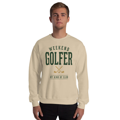 Weekend Golfer vintage golf wordmark crewneck sweatshirt — Sand, on model
