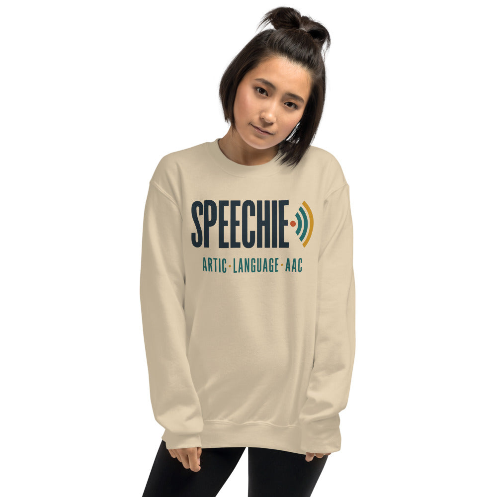 Speechie Wordmark speech therapy crewneck sweatshirt — Sand, on model