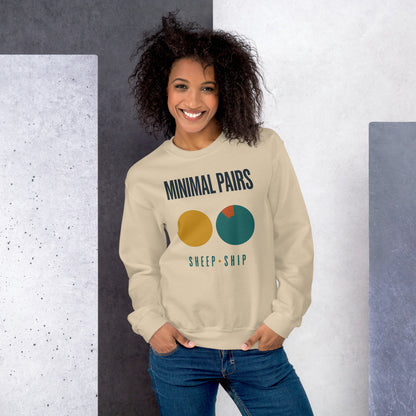 Minimal Pairs speech therapy crewneck sweatshirt — Sand, on model