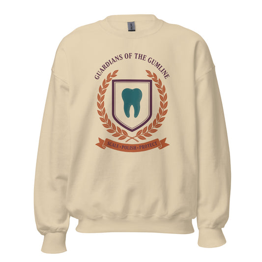 Guardians of the Gumline dental hygienist crewneck sweatshirt — Sand, front