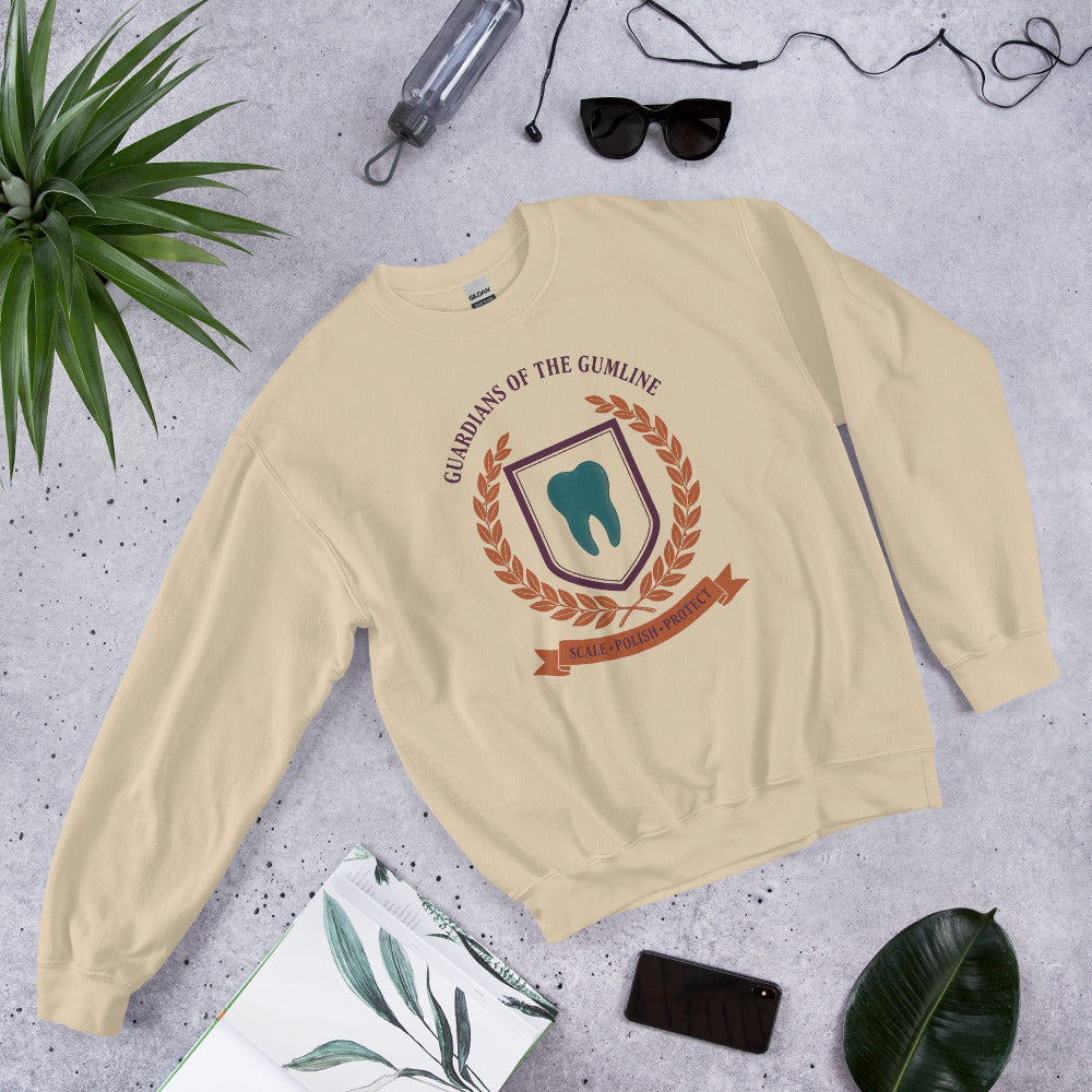 Guardians of the Gumline dental hygienist crewneck sweatshirt — Sand, front-right