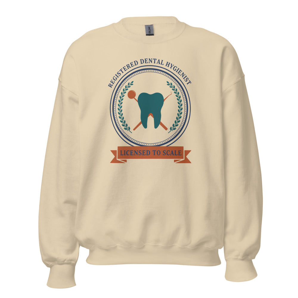 Licensed to Scale registered dental hygienist crewneck sweatshirt — Sand, front
