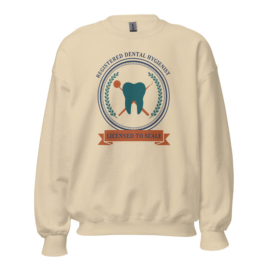 Licensed to Scale registered dental hygienist crewneck sweatshirt — Sand, front
