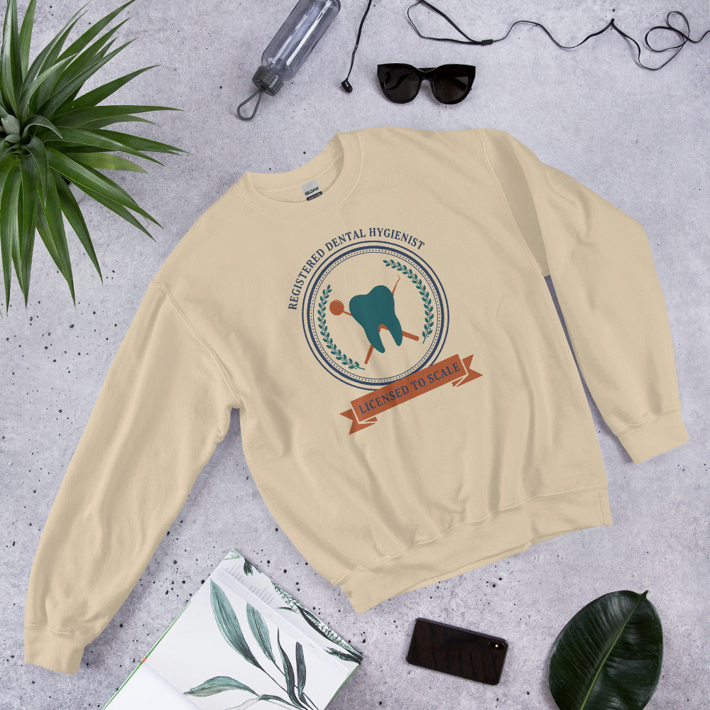 Licensed to Scale registered dental hygienist crewneck sweatshirt — Sand, front-right