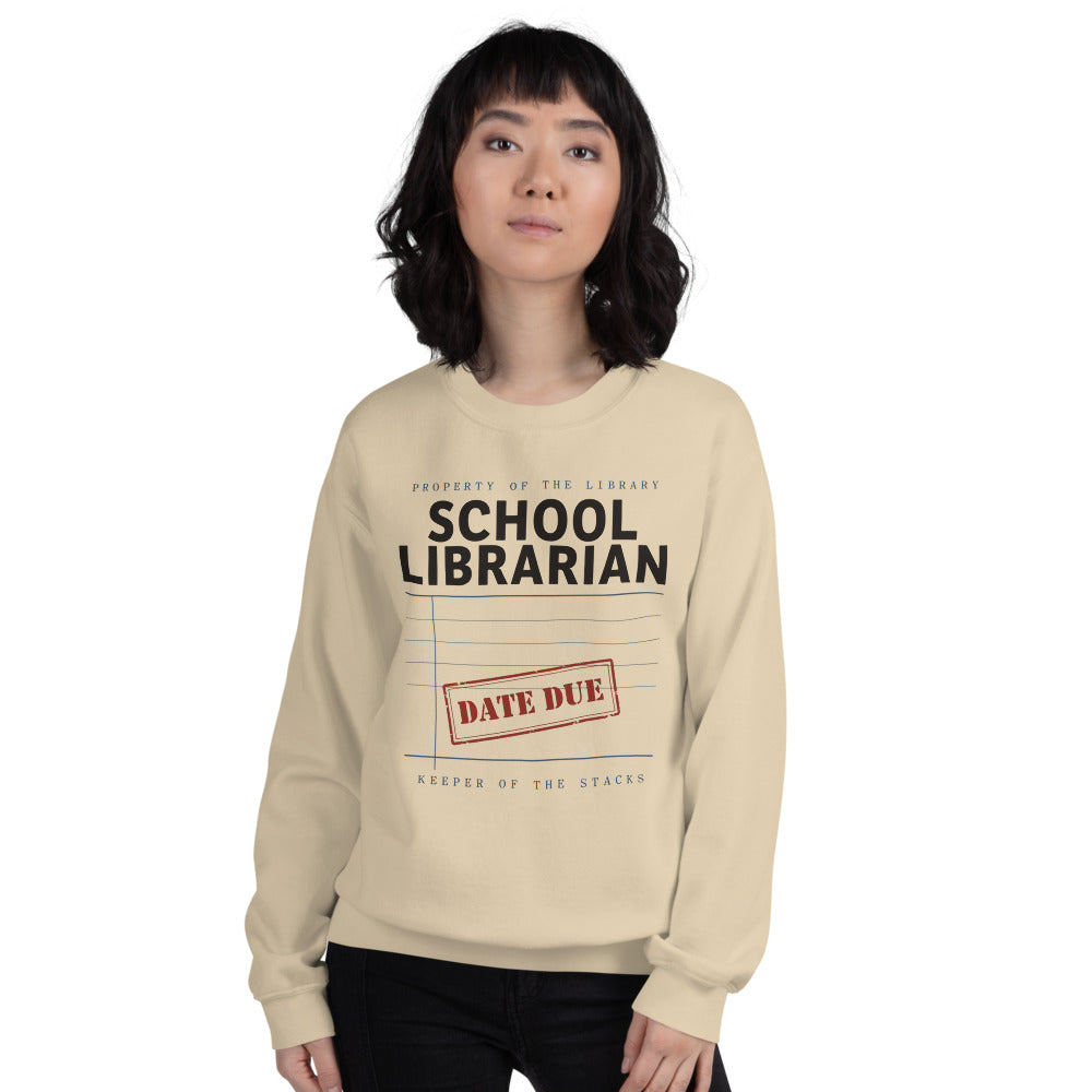 Property of the School Library card catalog school librarian crewneck sweatshirt — Sand, on model