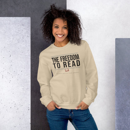 The Freedom to Read school librarian crewneck sweatshirt — Sand, on model