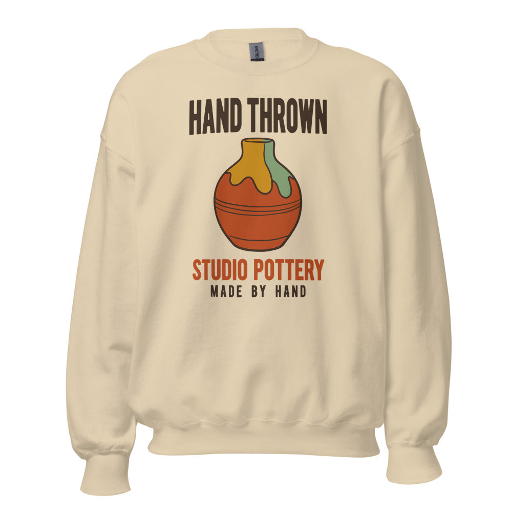 Hand Thrown Studio Pottery retro poster crewneck sweatshirt — Sand, front