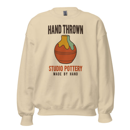 Hand Thrown Studio Pottery retro poster crewneck sweatshirt — Sand, front
