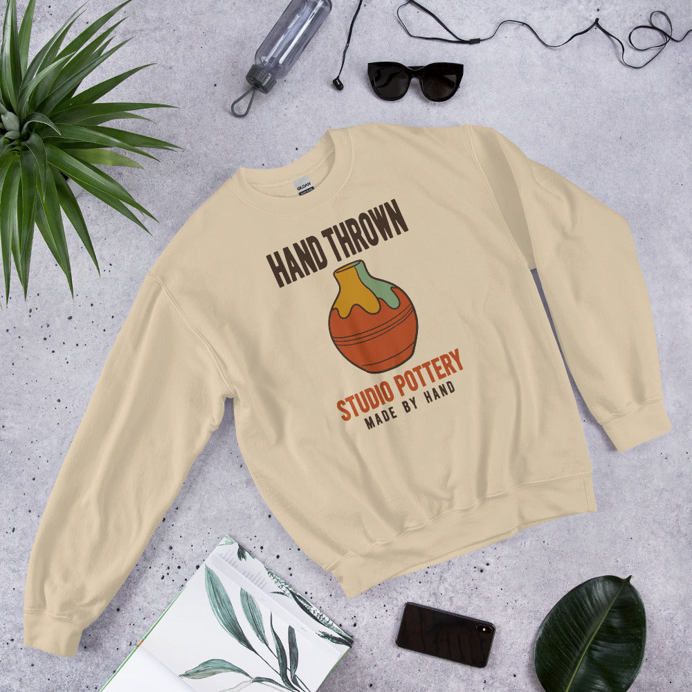 Hand Thrown Studio Pottery retro poster crewneck sweatshirt — Sand, front-right