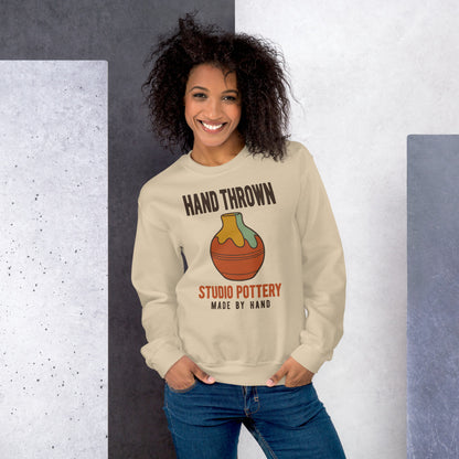 Hand Thrown Studio Pottery retro poster crewneck sweatshirt — Sand, on model