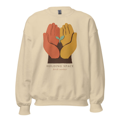 Holding Space birth worker crewneck sweatshirt — Sand, front