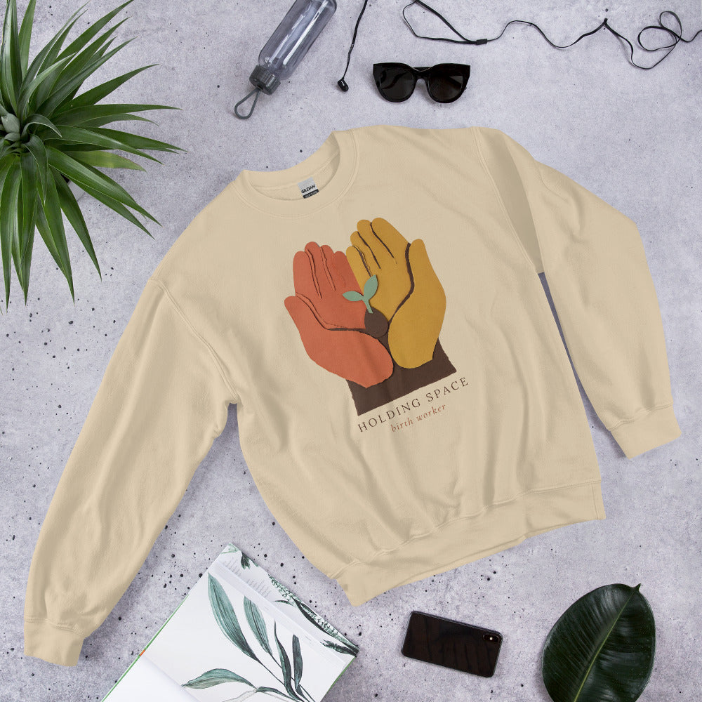 Holding Space birth worker crewneck sweatshirt — Sand, front-right