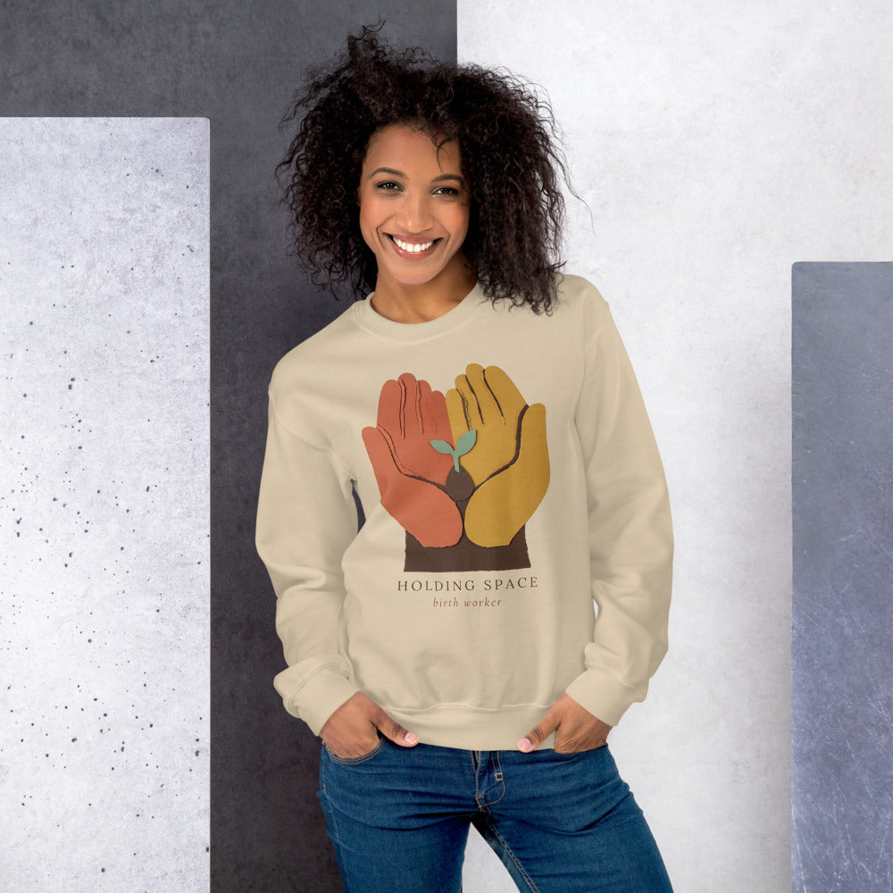 Holding Space birth worker crewneck sweatshirt — Sand, on model