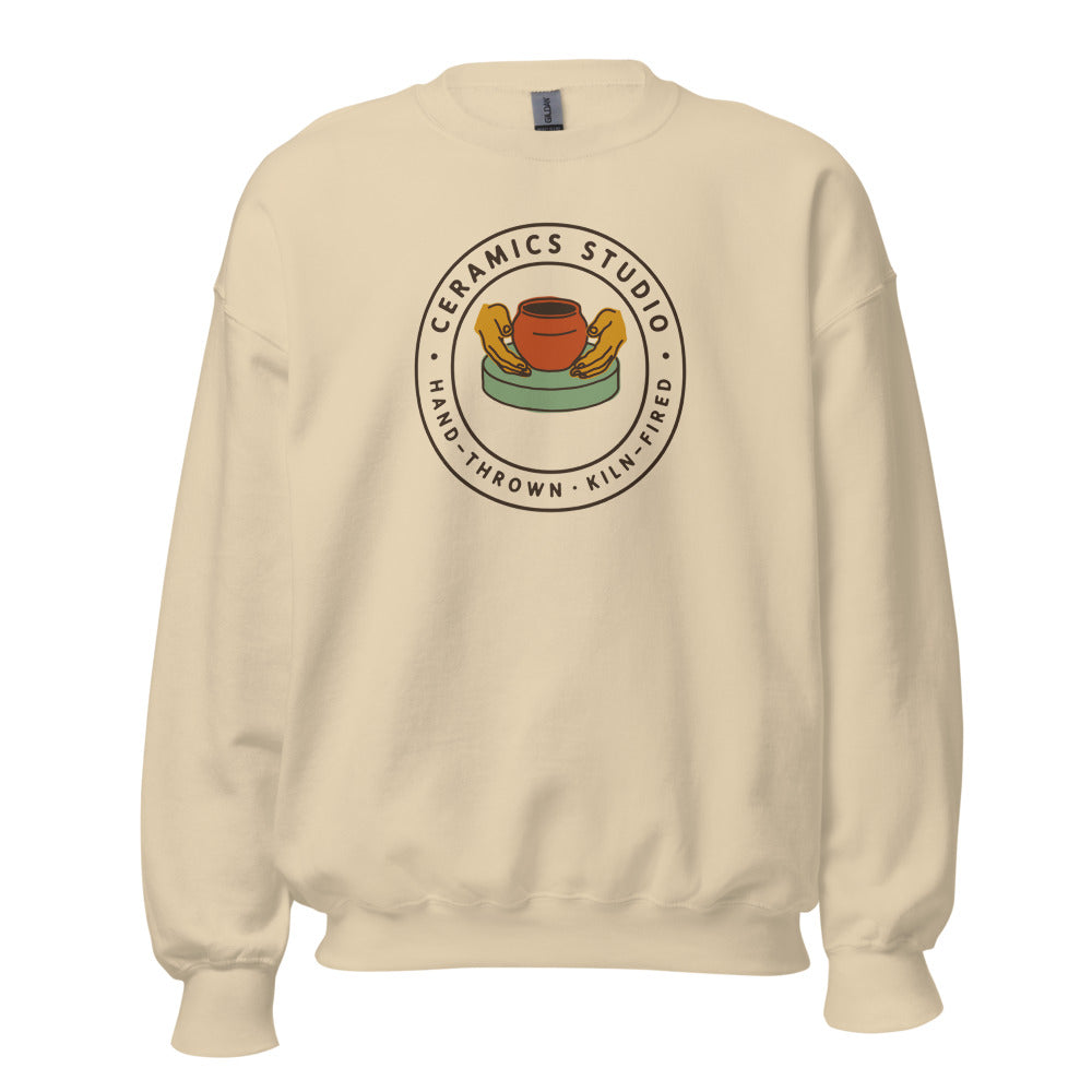 Ceramics Studio Badge hand-thrown pottery crewneck sweatshirt — Sand, front