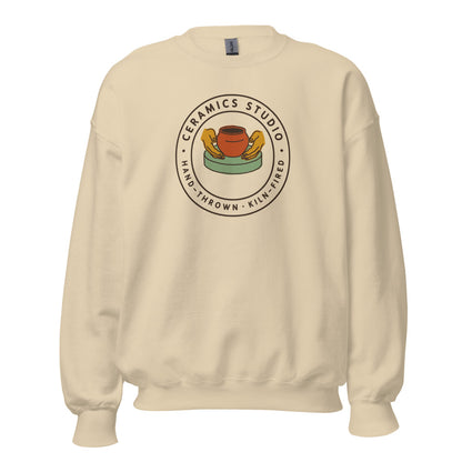 Ceramics Studio Badge hand-thrown pottery crewneck sweatshirt — Sand, front