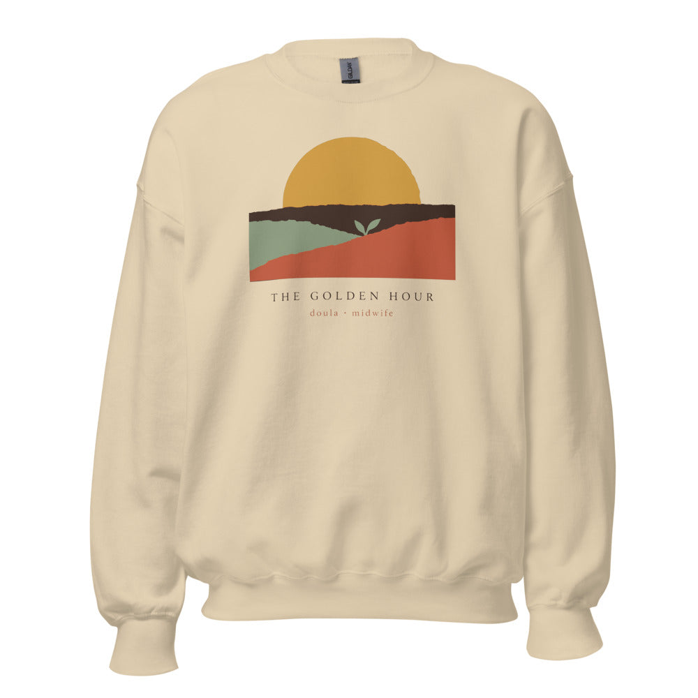 The Golden Hour birth worker crewneck sweatshirt — Sand, front