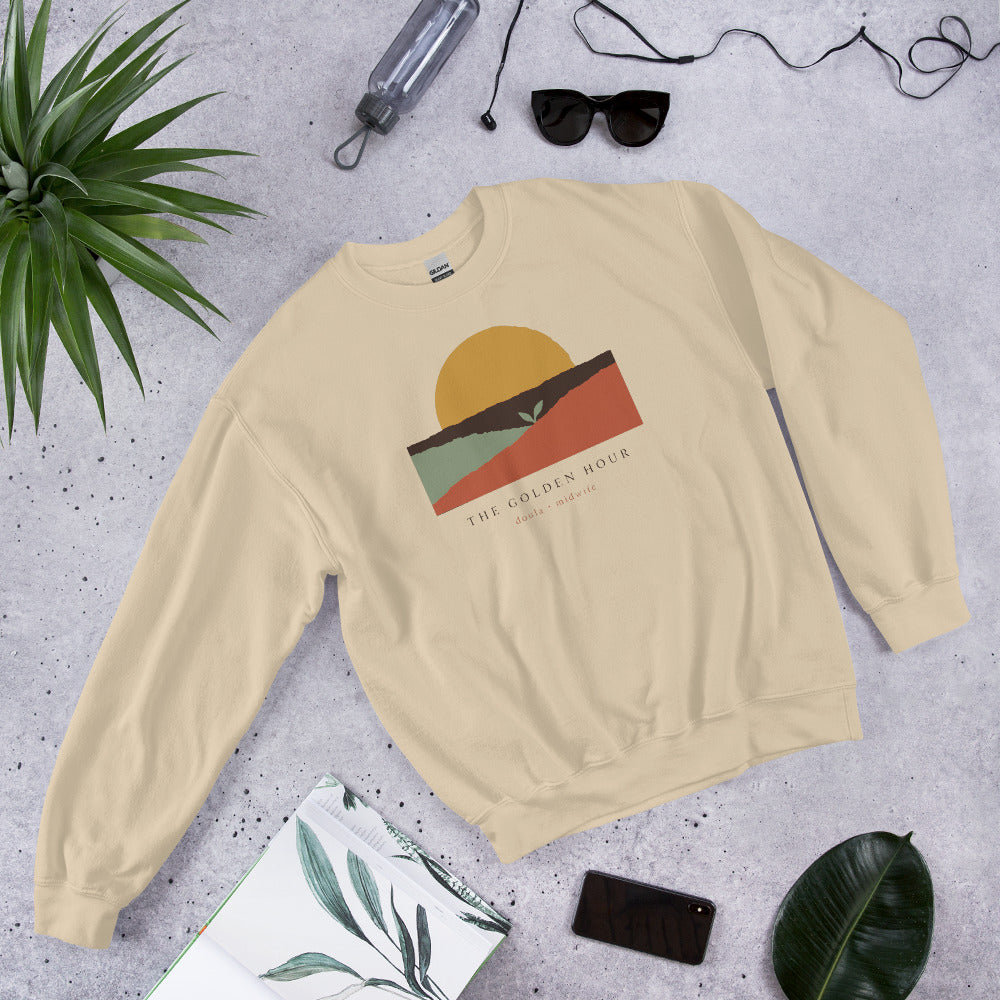 The Golden Hour birth worker crewneck sweatshirt — Sand, flat lay