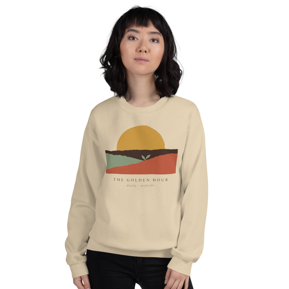 The Golden Hour birth worker crewneck sweatshirt — Sand, on model