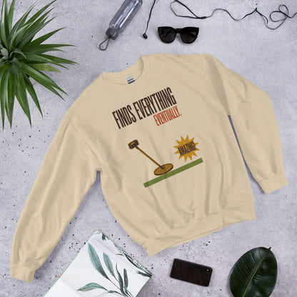 Finds Everything Eventually retro metal detecting crewneck sweatshirt — Sand, flat lay