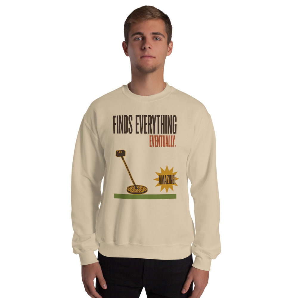 Finds Everything Eventually retro metal detecting crewneck sweatshirt — Sand, on model