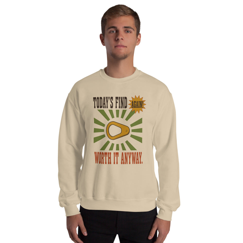 Today's Find pull tab retro metal detecting crewneck sweatshirt — Sand, on model