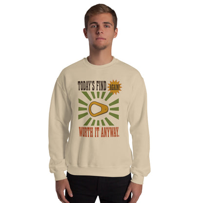 Today's Find pull tab retro metal detecting crewneck sweatshirt — Sand, on model