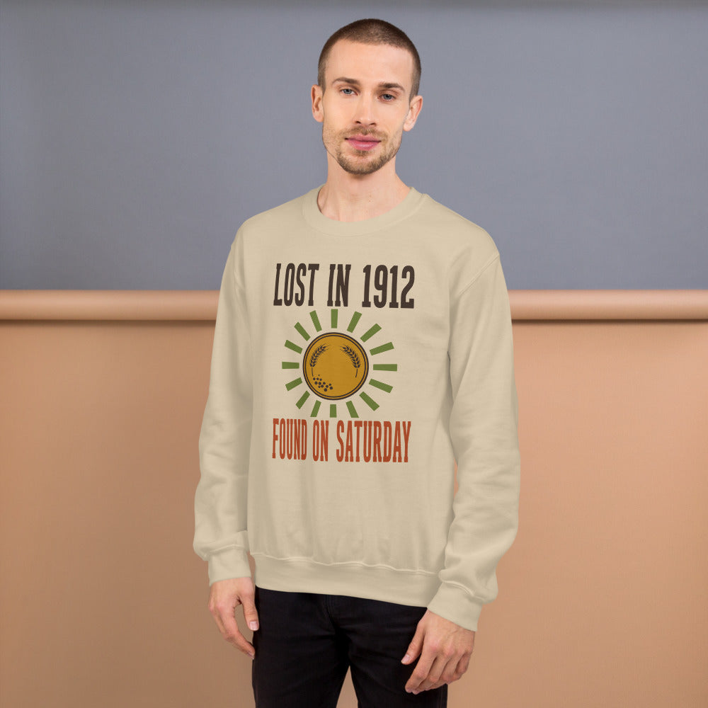 Lost in 1912 Found on Saturday retro metal detecting crewneck sweatshirt — Sand, on model