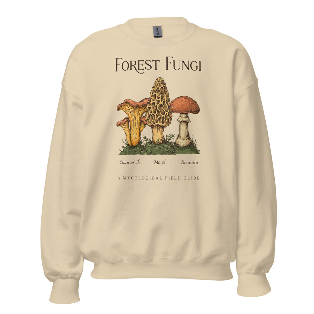 Forest Fungi vintage mushroom field guide crewneck — Sand, front
