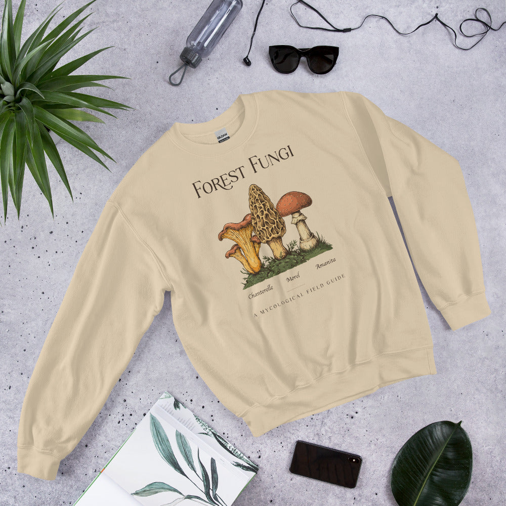 Forest Fungi vintage mushroom field guide crewneck — Sand, flat lay