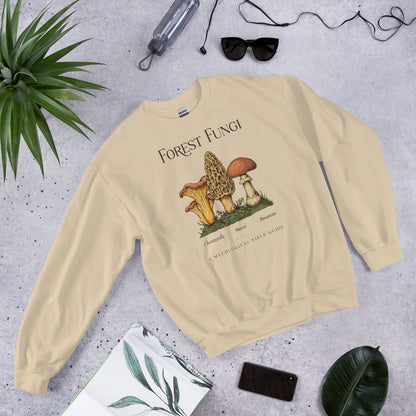 Forest Fungi vintage mushroom field guide crewneck — Sand, flat lay
