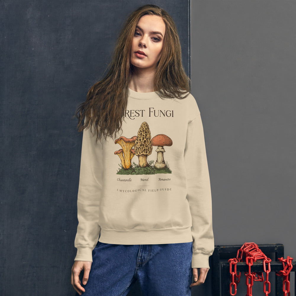 Forest Fungi vintage mushroom field guide crewneck — Sand, on model