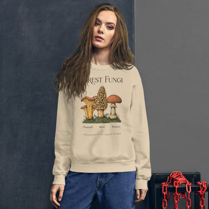Forest Fungi vintage mushroom field guide crewneck — Sand, on model