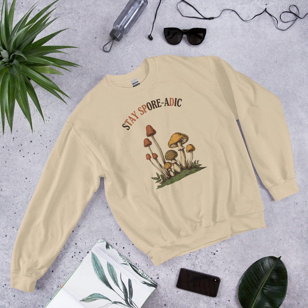 Stay Spore-adic funny vintage mushroom crewneck — Sand, flat lay