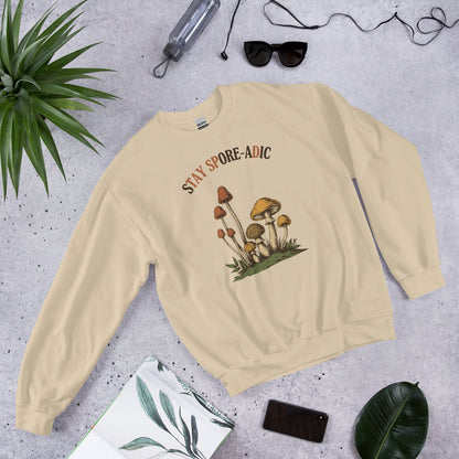Stay Spore-adic funny vintage mushroom crewneck — Sand, flat lay