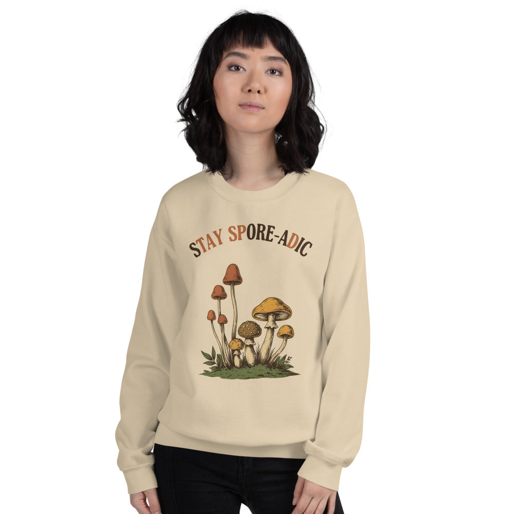 Stay Spore-adic funny vintage mushroom crewneck — Sand, on model