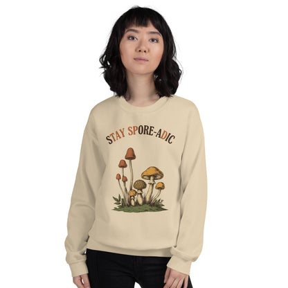 Stay Spore-adic funny vintage mushroom crewneck — Sand, on model