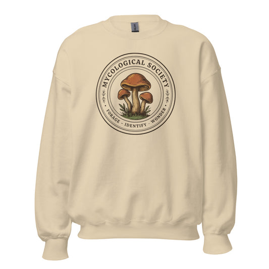 Mushroom Foraging Mycological Society vintage botanical crewneck — Sand, front