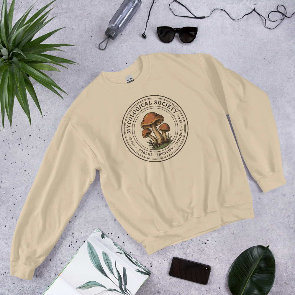 Mushroom Foraging Mycological Society vintage botanical crewneck — Sand, flat lay