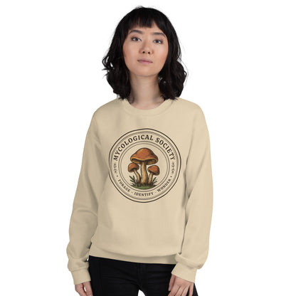 Mushroom Foraging Mycological Society vintage botanical crewneck — Sand, on model