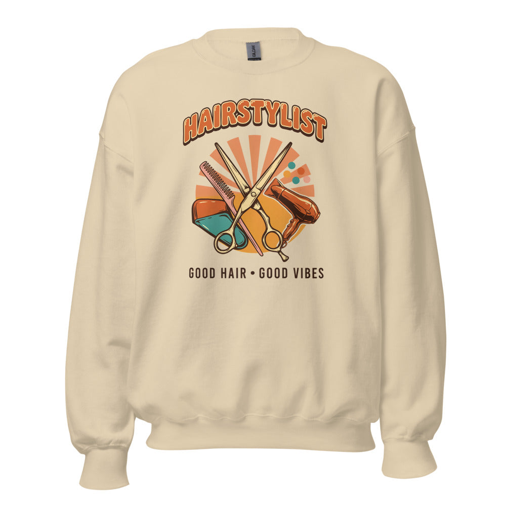 Retro Salon Hairstylist good hair good vibes crewneck — Sand, front