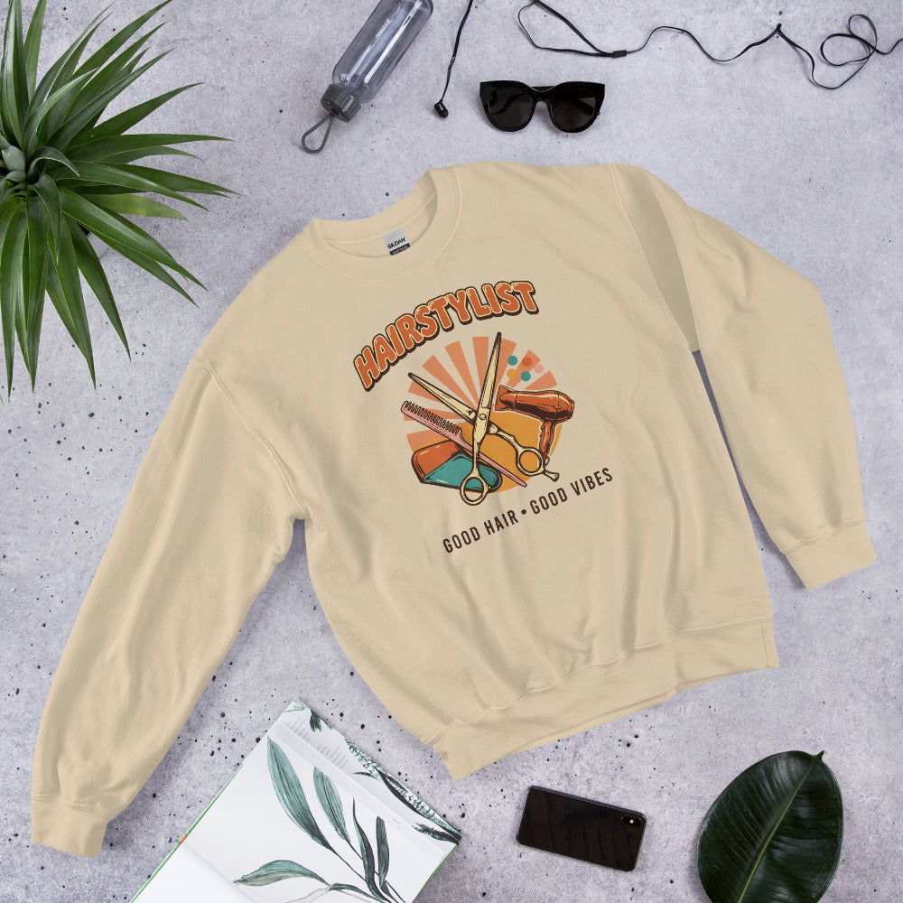 Retro Salon Hairstylist good hair good vibes crewneck — Sand, flat lay