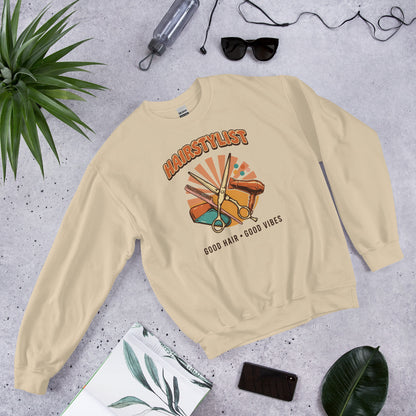 Retro Salon Hairstylist good hair good vibes crewneck — Sand, flat lay