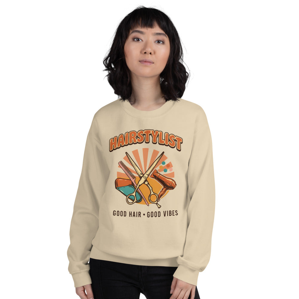 Retro Salon Hairstylist good hair good vibes crewneck — Sand, on model