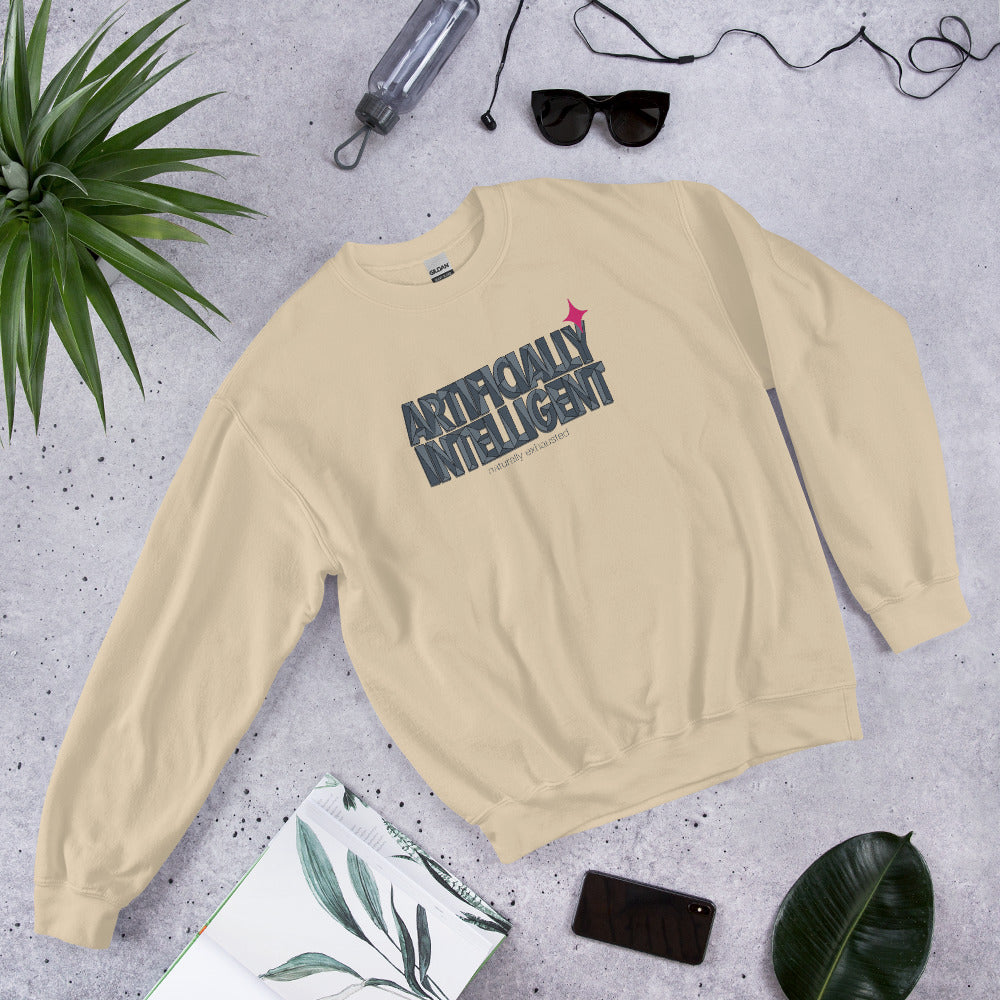 Artificially Intelligent funny AI crewneck sweatshirt — Sand, flat lay