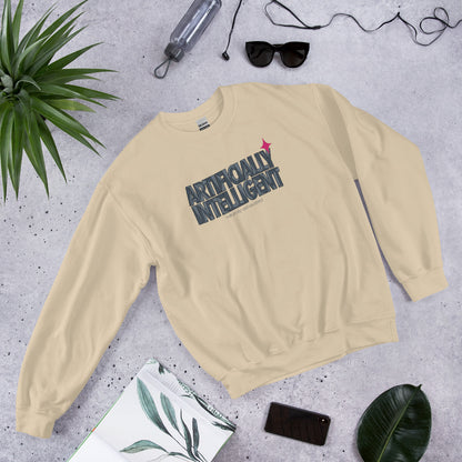 Artificially Intelligent funny AI crewneck sweatshirt — Sand, flat lay