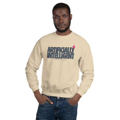 Artificially Intelligent funny AI crewneck sweatshirt — Sand, on model