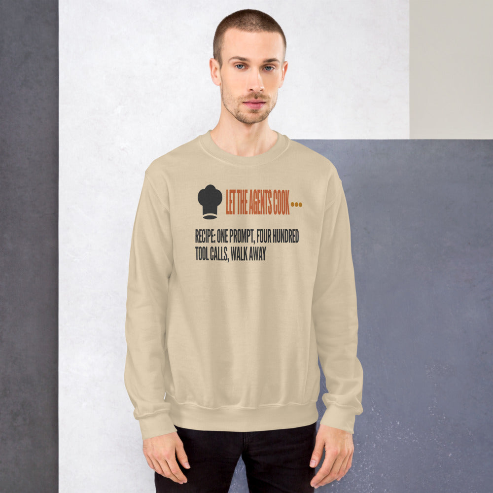 Let The Agents Cook crewneck sweatshirt — Sand, on model