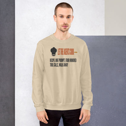 Let The Agents Cook crewneck sweatshirt — Sand, on model