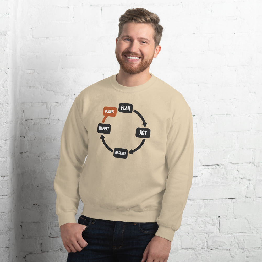 Plan Act Observe Repeat crewneck sweatshirt — Sand, on model